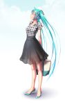  1girl aqua_hair arms_behind_back bag blue_eyes check_translation collarbone full_body gradient gradient_background hatsune_miku high_heels highres holding holding_bag jewelry long_hair looking_up necklace no_socks plaid plaid_shirt profile see-through shirt short_sleeves skirt solo standing toe_cleavage translation_request twintails very_long_hair vocaloid wokada 
