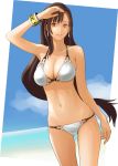  1girl absurdres arm_up bangs bare_arms bare_shoulders bikini bracelet breasts brown_hair cleavage earrings female final_fantasy final_fantasy_vii hawk_(cwmg) highres large_breasts long_hair looking_at_viewer midriff navel solo standing swimsuit tifa_lockhart two-piece_swimsuit 