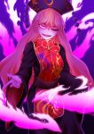  0-den 1girl absurdres black_dress blonde_hair chinese_clothes dress evil_smile fox_tail gradient gradient_background hat highres junko_(touhou) long_hair long_sleeves looking_at_viewer multiple_tails one_eye_closed open_mouth pink_eyes ribbon sash smile solo tabard tail touhou wide_sleeves 