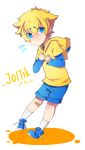 1boy blonde_hair blue_eyes blush character_name hoodie joltik nyeh personification pokemon pokemon_(game) pokemon_bw shaking shorts solo tears 