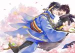  2boys black_hair blue_eyes blush cherry_blossoms covering_mouth doudanuki_masakuni hand_over_another&#039;s_mouth japanese_clothes male_focus mikazuki_munechika morning6am multiple_boys open_mouth petals scar scarf touken_ranbu yaoi yellow_eyes 