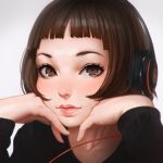  1girl bangs blunt_bangs brown_hair cable closed_mouth eyelashes face gradient gradient_background grey_background grey_eyes headphones ilya_kuvshinov looking_at_viewer original pink_lips short_hair solo sweater 