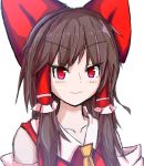  1girl ascot blush bow brown_hair close-up commentary cookie_(touhou) detached_sleeves hair_bow hair_ribbon hair_tubes hakurei_reimu long_hair looking_at_viewer nnns red_eyes reu ribbon simple_background smile solo touhou white_background 