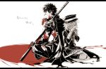  2boys back-to-back blood blood_on_face bloody_clothes bloody_hands crying doudanuki_masakuni gokotai hat iha_tobu indian_style male_focus military military_uniform monochrome multiple_boys ootachi peaked_cap simple_background sitting spiky_hair spot_color tantou tears touken_ranbu uniform wariza white_background white_hair wiping_face 