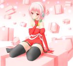  1girl bare_shoulders blush breasts cleavage commentary_request elbow_gloves gloves headphones highres large_breasts long_hair nitroplus noppi_(noppi_98) pink_hair red_eyes solo super_sonico thigh-highs 