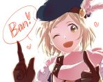  1girl ;d beret blonde_hair brown_gloves chigusa_yachiyo feathers gita_(granblue_fantasy) gloves granblue_fantasy hat hat_feather hawkeye_(granblue_fantasy) heart one_eye_closed open_mouth romaji scarf short_hair simple_background smile solo speech_bubble upper_body white_background white_scarf yellow_eyes 