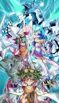  2boys :d absurdres ahoge blonde_hair blue_eyes blue_hair bodysuit card clear_wing_synchro_dragon deck dragon duel_monster gloves goggles goggles_on_head green_hair highres jacket_on_shoulders jewelry kat_(4681526) multiple_boys odd-eyes_pendulum_dragon open_mouth pendant red_eyes redhead sakaki_yuuya smile yugo_(yuu-gi-ou_arc-v) yuu-gi-ou yuu-gi-ou_arc-v 