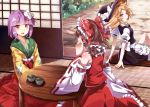  3girls :o bangs blonde_hair blunt_bangs blush body_blush brown_hair detached_sleeves e.o. flower hair_flower hair_ornament hakurei_reimu hakurei_shrine hat hieda_no_akyuu japanese_clothes kimono kirisame_marisa lipstick looking_at_viewer makeup multiple_girls open_mouth ponytail purple_hair red_eyes sarashi shouji sitting sliding_doors tatami touhou violet_eyes witch_hat 