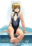  1girl ahoge blonde_hair breasts cleavage fate_(series) green_eyes lasterk one-piece_swimsuit saber sitting smile swimsuit water 