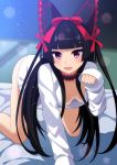  1girl all_fours black_hair blush downblouse gate_-_jieitai_ka_no_chi_nite_kaku_tatakaeri hair_ribbon long_hair open_clothes open_mouth open_shirt paw_pose red_eyes ribbon rory_mercury shirt solo t-shirt 