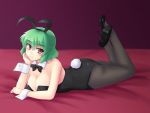  1girl alternate_costume animal_ears ass blush bowtie breasts bunny_girl bunny_tail bunnysuit cleavage commentary_request detached_collar gomi_(gomitin) green_hair hand_on_own_cheek high_heels kazami_yuuka legs_up looking_at_viewer lying on_stomach pantyhose rabbit_ears red_eyes short_hair smile solo tail touhou wrist_cuffs 