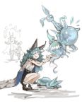  1girl animal_ears black_eyes blue_hair drunk_(granblue_fantasy) ferri_(granblue_fantasy) fox fox_ears fox_tail granblue_fantasy highres long_hair n9+ open_mouth simple_background skirt solo squatting strum_(granblue_fantasy) tail white_background wrist_scrunchie 