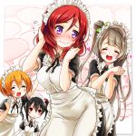  4girls :d apron black_hair blush blush_stickers brown_hair closed_eyes flying_sweatdrops hair_between_eyes heart highres hoshizora_rin kuromaru9 long_hair love_live!_school_idol_project maid_apron maid_headdress minami_kotori multiple_girls nishikino_maki open_mouth orange_hair red_eyes redhead short_hair smile sweatdrop twintails violet_eyes wavy_mouth wonder_zone yazawa_nico 