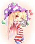  1girl american_flag_legwear american_flag_shirt animal blonde_hair blush cat clownpiece fairy_wings fang gradient gradient_background hat heart jester_cap long_hair looking_at_viewer one_eye_closed open_mouth pantyhose petite pointy_ears print_legwear red_eyes short_sleeves smile star striped touhou wings z.o.b 