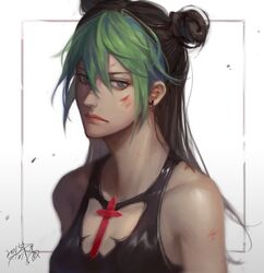  1girl birthmark black_hair blood blood_on_face dated double_bun earrings fan_ju green_hair grey_eyes jewelry joestar_birthmark jojo_no_kimyou_na_bouken kuujou_jolyne long_hair multicolored_hair portrait signature solo tank_top two-tone_hair 