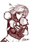  1girl aiming_at_viewer breasts casing_ejection crop_top firing gun handgun midriff muzzle_flash original partly_fingerless_gloves pistol shell_casing short_hair sketch solo taikyokuturugi weapon 