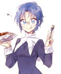 1girl blue_eyes blue_hair blush breasts ciel curry curry_rice food glasses habit licking_lips looking_at_viewer melty_blood plate short_hair six_(fnrptal1010) smile solo spoon star tongue tongue_out tsukihime v 