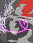  1girl breasts cleavage fire granblue_fantasy grey_background heart heart_of_string lady_grey miwayama parted_lips red_eyes redhead short_hair simple_background skeleton smile solo spot_color upper_body 