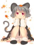  1girl :3 animal_ears arm_support autumn_leaves bloomers dress gem grey_dress grey_hair iris_anemone jewelry leaf leaf_on_head long_sleeves looking_at_viewer mouse_ears mouse_tail nazrin necklace pendant pink_eyes shirt sitting solo tail touhou underwear upskirt 