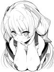  1girl angela_balzac bare_shoulders blush elbow_gloves gloves hair_ornament headgear highres ichi-jirushi impossible_clothes impossible_leotard leotard low_twintails monochrome open_mouth rakuen_tsuihou skin_tight solo sweatdrop twintails upper_body 