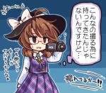  1girl bow brown_eyes brown_hair glasses hat hat_bow long_sleeves low_twintails lowres plaid pote_(ptkan) red-framed_glasses ribbon school_uniform shirt short_hair skirt smile solo touhou twintails usami_sumireko video_camera 
