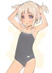  1girl armpits arms_up brown_eyes brown_hair dark_skin hands_on_own_head meito_(maze) one-piece_swimsuit open_mouth original school_swimsuit short_hair solo swimsuit tan tanline 