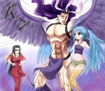  1boy 2girls ahoge bangle black_hair blue_hair blue_wings boots bracelet breasts brown_eyes cosplay crossover earrings emphasis_lines feathered_wings hands_on_hips harpy horns jewelry jojo_no_kimyou_na_bouken kars_(jojo) lisa_lisa lisa_lisa_(cosplay) loincloth long_hair monster_girl monster_musume_no_iru_nichijou ms._smith multiple_girls muscle navel pantyhose papi_(monster_musume) purple_hair purple_wings red_clothes scarf setia_pradipta shirtless short_hair short_shorts shorts small_breasts striped striped_scarf sunglasses very_long_hair wings 