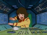  1girl 80s animated animated_gif black_eyes bob_cut brown_hair buttons cable chair choujikuu_yousai_macross cockpit lowres macross mecha military military_uniform oldschool panapp scared science_fiction screen sdf-1 space_craft spacecraft_interior trackball traditional_media u.n._spacy uniform worried 