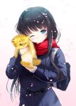  1girl at-yui bag black_hair blue_eyes carrying cat highres jacket long_hair one_eye_closed original petals red_scarf scarf school_bag smile solo 