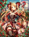  1girl ahoge alice_in_wonderland bird blonde_hair bow card castle company_name crown detached_sleeves dress flamingo flower frown gabiran gate green_eyes heart jewelry long_hair mini_crown official_art queen_of_hearts red_dress red_flower rose sky smile solo striped striped_legwear tenkuu_no_crystalia text thigh-highs twintails zettai_ryouiki 
