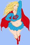  1girl arm_up blonde_hair blue_background boots breasts cape cleavage dc_comics green_eyes hand_on_hip large_breasts long_hair looking_at_viewer midriff navel red_boots shouji_nigou simple_background smile solo supergirl thigh-highs 