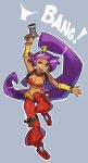  1girl alternate_costume bandana black_eyes blue_eyes bra breasts choker cleavage earrings gun handgun harem_pants highres hoop_earrings jewelry large_breasts long_hair pants pistol pointy_ears pointy_shoes ponytail purple_hair shantae shantae_(character) shantae_and_the_pirate&#039;s_curse shoes solo splashbrush strapless_bra underwear vambraces very_long_hair vest weapon 