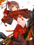  1girl :d armor armored_dress blush brown_eyes brown_hair flat_chest floral_print gloves hair_ornament inayama japanese_clothes looking_at_viewer open_mouth red_gloves riding sengoku_bushouki_muramasa short_hair smile solo 