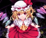  1girl ascot blonde_hair brooch city_lights darkness dress flandre_scarlet hat hat_ribbon highres jewelry kitou_kaitai laevatein looking_at_viewer mob_cap pink_eyes puffy_short_sleeves puffy_sleeves railing red_dress ribbon shirt short_sleeves side_ponytail smile solo touhou wings 
