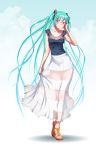  1girl aqua_eyes aqua_hair blush breasts collarbone commentary_request contrapposto covered_navel fingernails full_body gradient gradient_background gradient_hair green_hair hair_ornament hatsune_miku high_heels highres long_hair long_skirt looking_at_viewer multicolored_eyes multicolored_hair nail_polish sandals see-through shirt skirt skirt_hold smile solo toenail_polish toenails toes twintails very_long_hair violet_eyes vocaloid wokada 