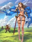  &gt;_&lt; 1boy 3girls angry armor armored_boots ass belt beltskirt bikini bikini_armor black_bow blonde_hair blood blue_sky boots bow breasts brown_boots brown_hair cleavage closed_eyes clouds collarbone falling farrah_(granblue_fantasy) gauntlets girl_on_top granblue_fantasy grass groin hair_bow hand_behind_head high_heels katarina_(granblue_fantasy) long_hair lying midriff multiple_girls navel orange_eyes outdoors parted_lips ponytail punching red_eyes rooain sheath sheathed sitting sky swimsuit sword thigh-highs thigh_strap vila wariza weapon white_bikini white_swimsuit wolfedge 