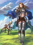  &gt;_&lt; 1boy 3girls :d =_= angry armor armored_boots ass_visible_through_thighs beltskirt black_bow blonde_hair blue_sky boots bow breasts brown_boots brown_hair cape chasing cleavage closed_eyes clouds falling farrah_(granblue_fantasy) gauntlets granblue_fantasy grass grey_boots groin hair_bow hand_behind_head katarina_(granblue_fantasy) leg_up long_hair lying multiple_girls navel on_stomach open_mouth orange_eyes outdoors overskirt panties pantyshot pantyshot_(standing) parted_lips ponytail red_eyes rooain running shaded_face sky smile standing thigh-highs thigh_boots underwear vila walking white_panties wolfedge 
