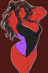  1girl adjusting_hair black_hair breasts cleavage curvy large_breasts leotard long_hair looking_at_viewer marvel muscle red_she-hulk red_skin shouji_nigou solo thick_thighs thighs wide_hips yellow_eyes 