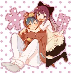  1boy 1girl animal_ears animal_hood bear_hood blue_hair cat_ears closed_eyes daisy_(working!!) hood long_hair mochi730 purple_hair short_hair souma_hiroomi stuffed_animal stuffed_toy teddy_bear thigh-highs violet_eyes working!! yamada_aoi 