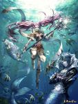  1boy 2girls abs blue_hair boots breasts bubble character_request cleavage copyright_name crossed_arms fins fish gloves glowing horn kim_yura_(goddess_mechanic) knee_boots light mermaid merman monster_boy monster_girl multiple_girls navel pink_hair priston_tale scales sea_turtle staff tail turtle twintails underwater vambraces white_hair 