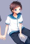  1boy blue_eyes brown_hair kanatougo nagi_no_asukara sailor_collar sakishima_hikari school_uniform short_hair sitting 