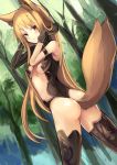  1girl animal_ears ass blonde_hair breasts forest fox_ears fox_tail gloves haik hand_in_hair highres long_hair looking_at_viewer nature original red_eyes solo tail thigh-highs tree 