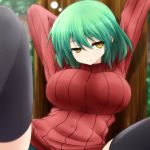  1girl black_legwear breasts green_hair highres hikage_(senran_kagura) large_breasts ribbed_sweater senran_kagura_(series) short_hair sweater thigh-highs watarui yellow_eyes 