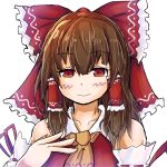  1girl ascot blush bow brown_hair close-up commentary cookie_(touhou) detached_sleeves hair_bow hair_ribbon hair_tubes hakurei_reimu kanna_(cookie) long_hair looking_at_viewer nnns red_eyes ribbon simple_background solo touhou white_background 