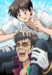  2boys black_hair blue_eyes blush brown_hair father_and_son glasses gloves ikari_gendou ikari_shinji male_focus multiple_boys neon_genesis_evangelion open_mouth piggyback shirt short_sleeves smile sweet_yadoraki white_gloves white_shirt 