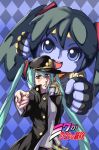  aqua_hair araki_hirohiko_(style) argyle argyle_background chain green_eyes hair_ornament hat hatsune_miku jojo_no_kimyou_na_bouken kuujou_joutarou_(cosplay) long_coat long_hair pointing pointing_at_viewer pxton stand_(jojo) star_platinum_(cosplay) twintails very_long_hair vocaloid 