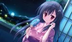  1girl artist_request black_hair copyright_request fan female fireflies japanese_clothes kimono moon solo stars 