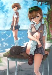  2girls brown_eyes brown_hair cat head_mounted_display highres misaka_imouto misaka_mikoto multiple_girls puma_(hyuma1219) school_uniform short_hair to_aru_kagaku_no_railgun to_aru_majutsu_no_index 