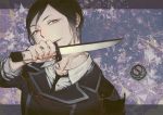  black_hair grey_eyes hakkaku_hailey holding_knife knife military military_uniform necktie open_mouth smile touken_ranbu triangle uniform upper_body yagen_toushirou 