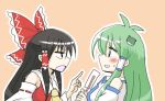  2girls :d angry antenna_hair blush bow brown_hair d:&lt; detached_sleeves finger_wagging green_eyes green_hair hair_bow hakurei_reimu kiritani_(marginal) kochiya_sanae large_bow multiple_girls oonusa open_mouth pointing smile sweatdrop touhou 